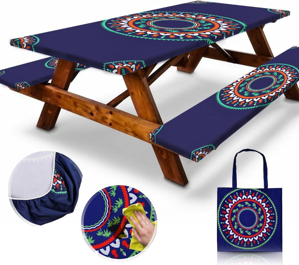 6Ft Polyester Picnic Table Cover with Bench Covers Windproof & Waterproof Tablecloth, Perfect for Camping Gifts & RV Essentials, Cool Camping Gadgets, with Carrying Bag, 72X30 Inches, 4Pcs
