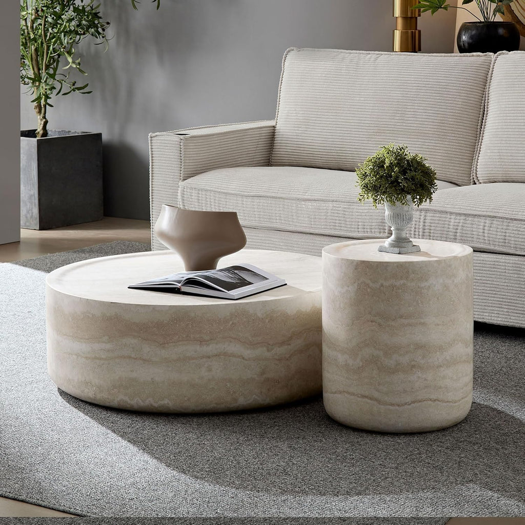 Round Coffee Table Set of 2 for Living Room Modern Drum Center Table Circle Side Tables for Apartment, No Need Assembly (Fiberglass 35.43'' &15.74'')