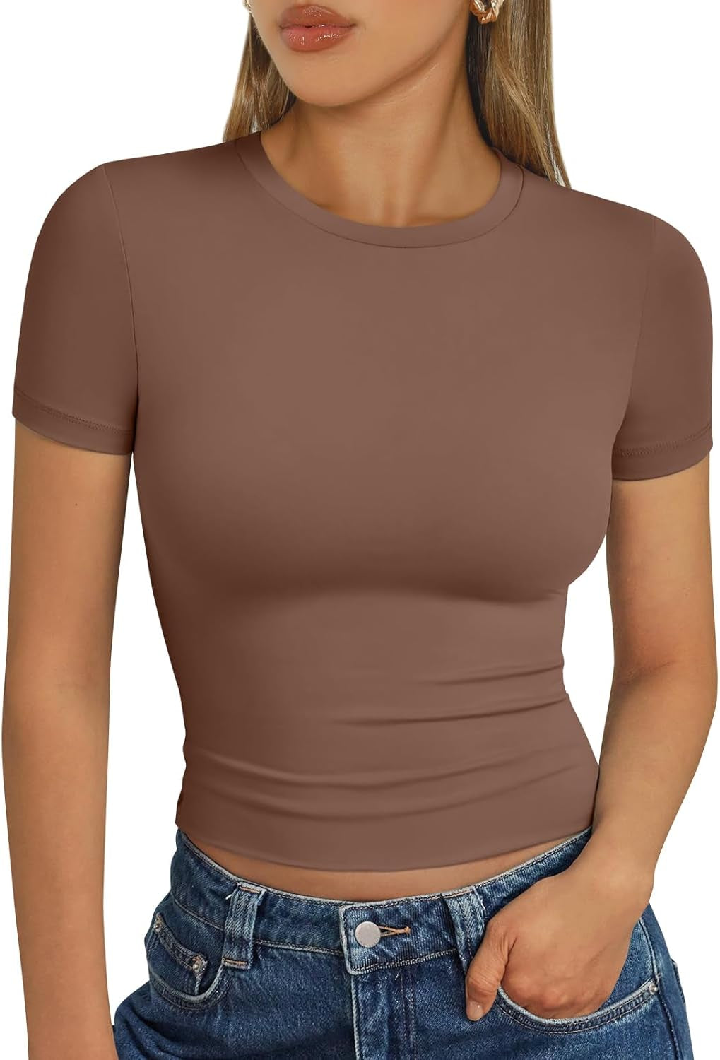 Womens Short Sleeve T Shirts Summer Crop Tops Basic Slim Fit Gym Workout Y2K Clothes