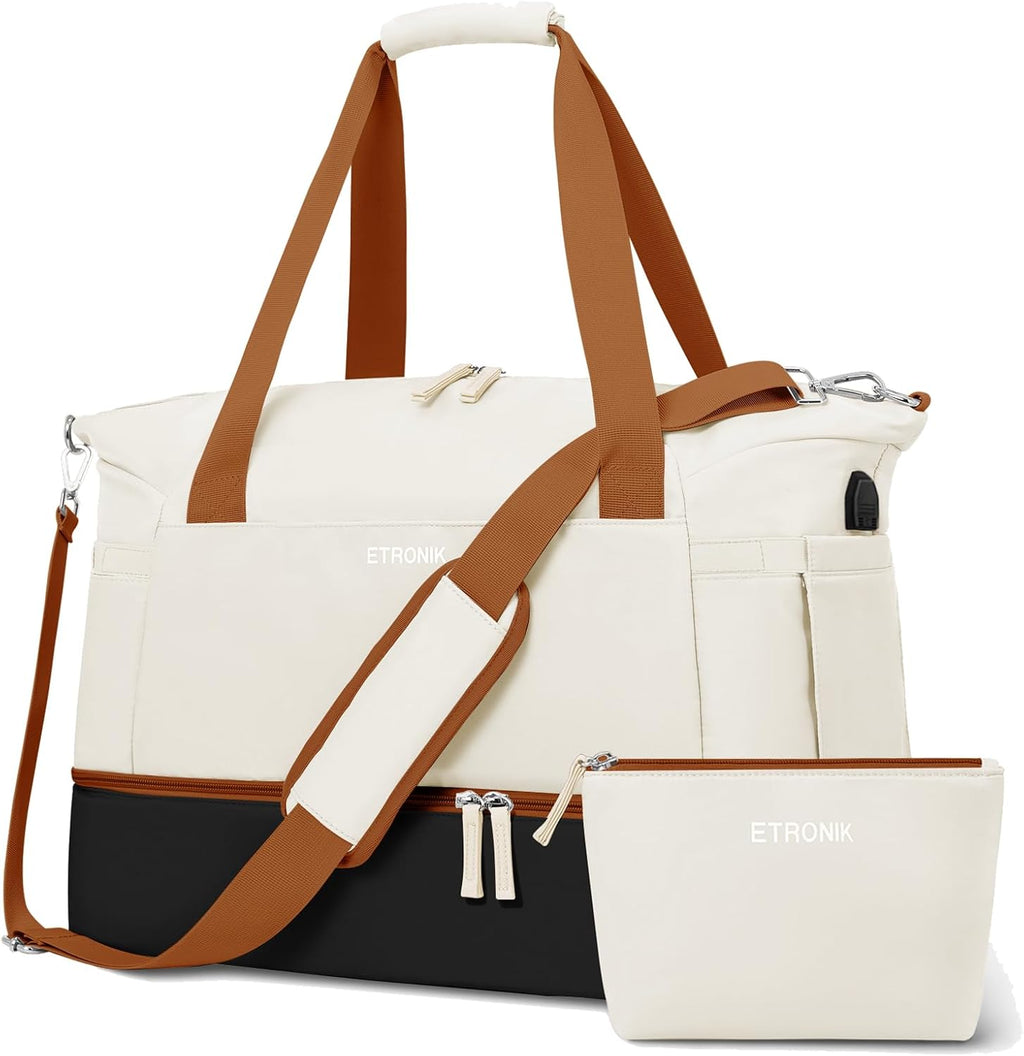 Gym Bag for Women, Personal Item Travel Bag with Shoes Compartment, Weekender Overnight Duffel Bag with Wet Pocket & USB Charging Port, Carry on Bag for Women, Travel, Gym, Weekend (Beige)