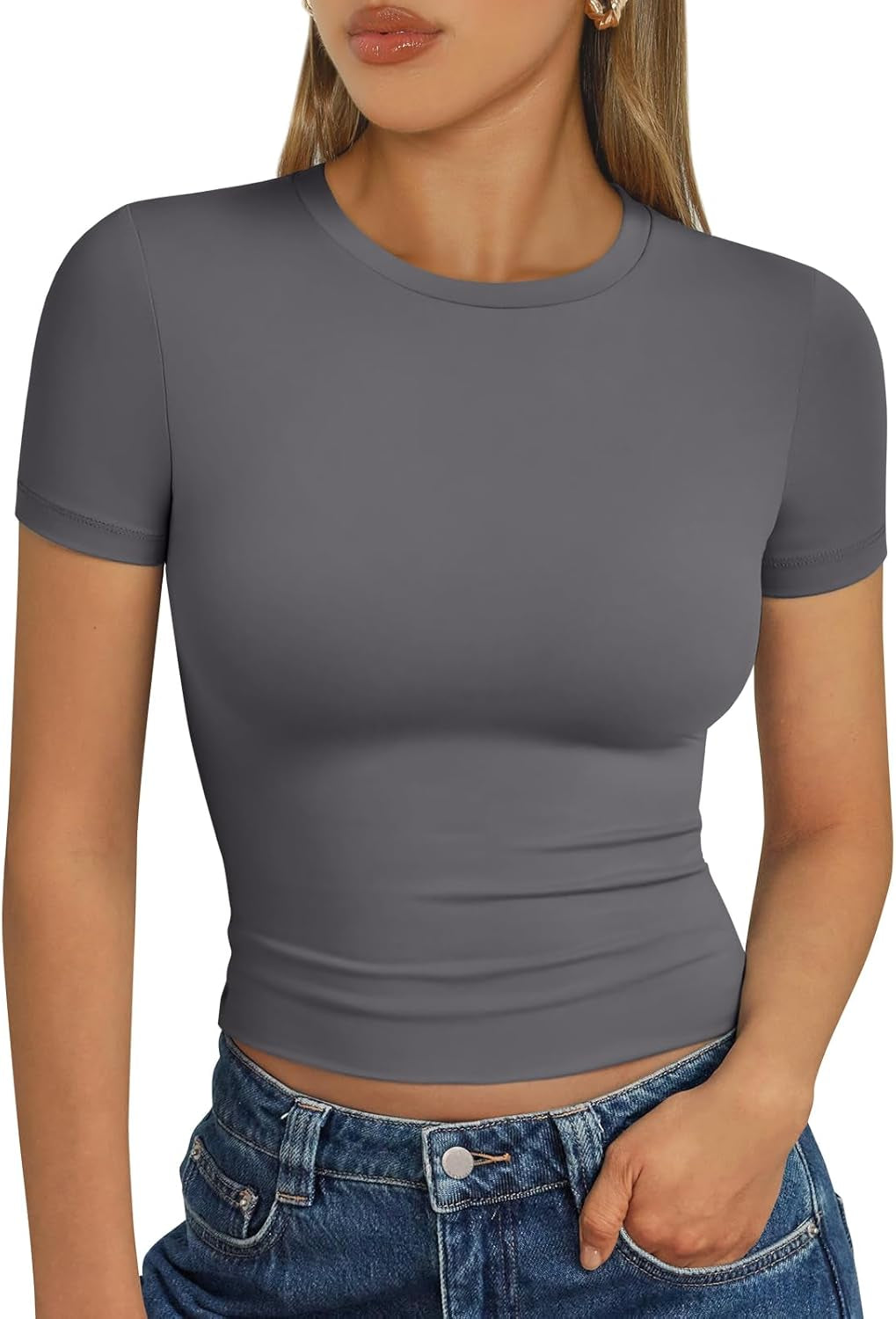 Womens Short Sleeve T Shirts Summer Crop Tops Basic Slim Fit Gym Workout Y2K Clothes