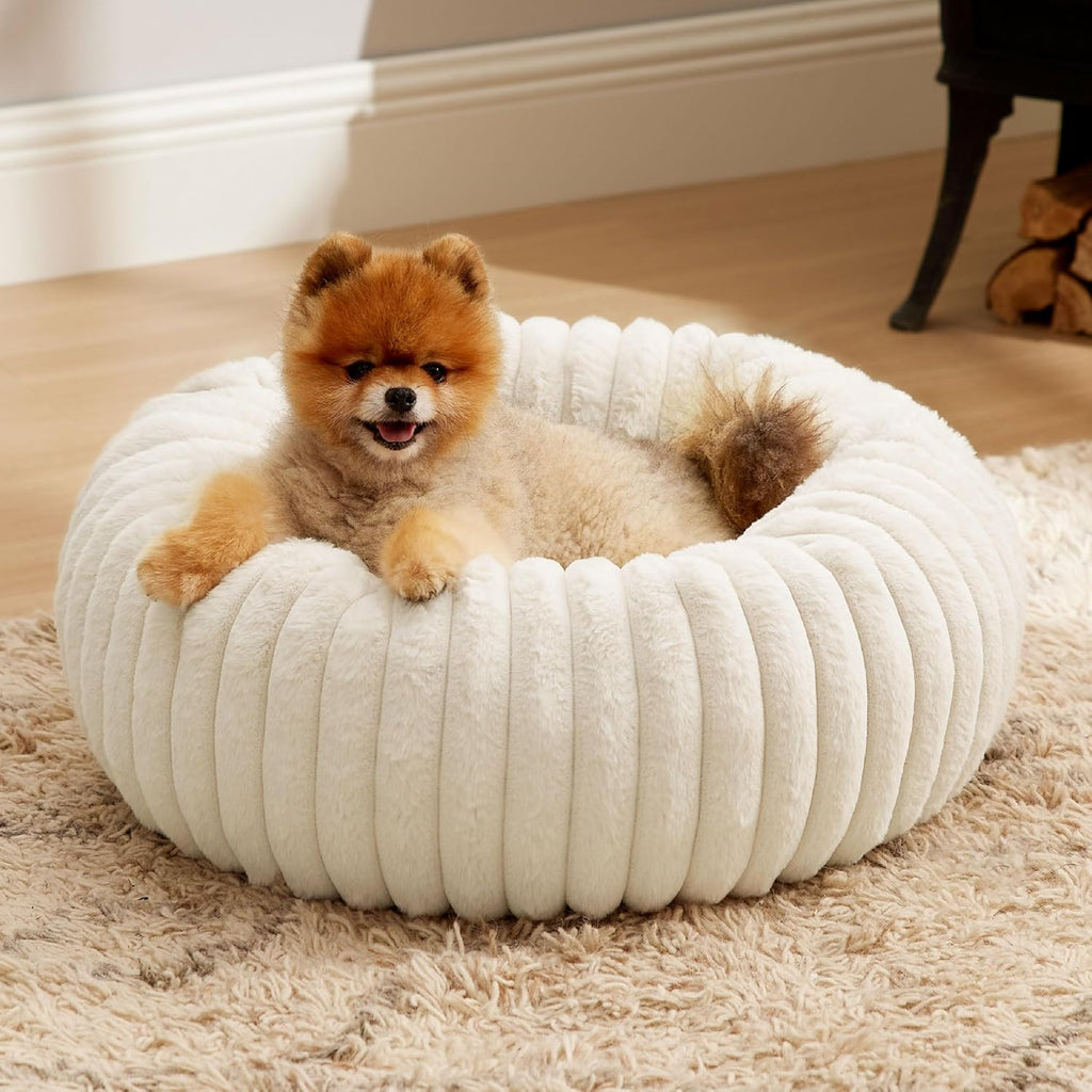Donut Small Dog Bed - Dog Beds for Small Dogs with Corduroy Fleece & anti Slip Bottom, round Faux Fur Pet Beds with Washable Removable Cover, Cream, 27X27X8 Inches