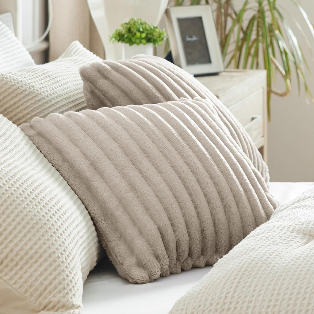 White Throw Pillow Covers 18X18 Set of 2, Soft Decorative Fluffy Striped Sofa Pillow Covers, Home Decor for Living Room Couch Bed