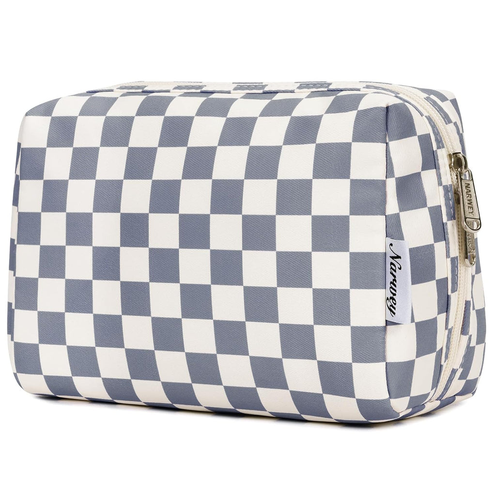 Checkered Makeup Bag Travel Cosmetic Bag Organizer Toiletry Bag Make up Bags with Compartments for Women Girls (Large, Light Checkerboard)