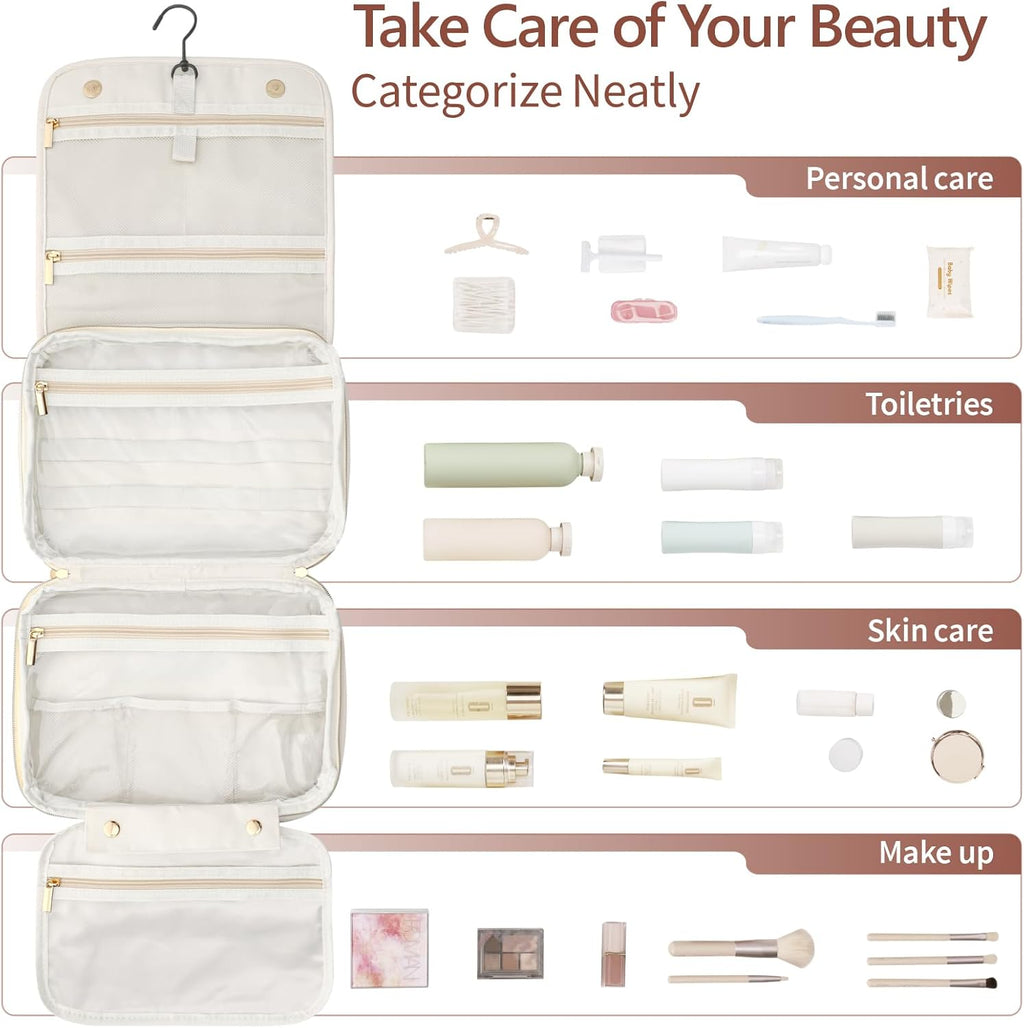 Hanging Travel Toiletry Bag for Women - Plaid Leather Travel Makeup Bag with Detachable Organizer, Waterproof Cosmetic Bag for Full-Sized Toiletries Fit Shower Bathroom Cruise, Off-White (M)