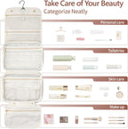 Hanging Travel Toiletry Bag for Women - Plaid Leather Travel Makeup Bag with Detachable Organizer, Waterproof Cosmetic Bag for Full-Sized Toiletries Fit Shower Bathroom Cruise, Off-White (M)