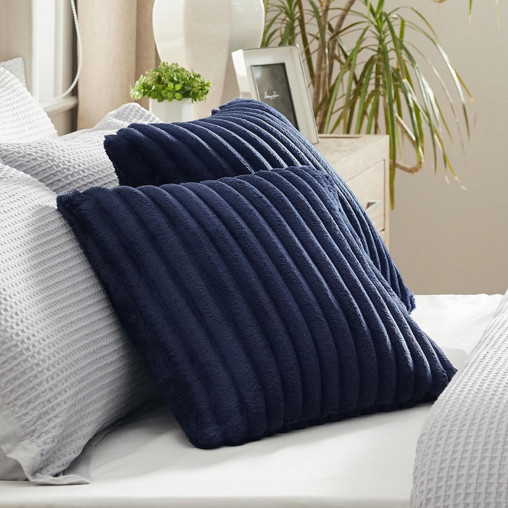 White Throw Pillow Covers 18X18 Set of 2, Soft Decorative Fluffy Striped Sofa Pillow Covers, Home Decor for Living Room Couch Bed