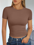 Womens Short Sleeve T Shirts Summer Crop Tops Basic Slim Fit Gym Workout Y2K Clothes