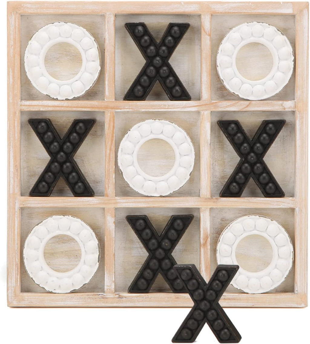 Tic Tac Toe Game Coffee Table Decor, 10.6 Inch Rustic Wooden Board, Black & White