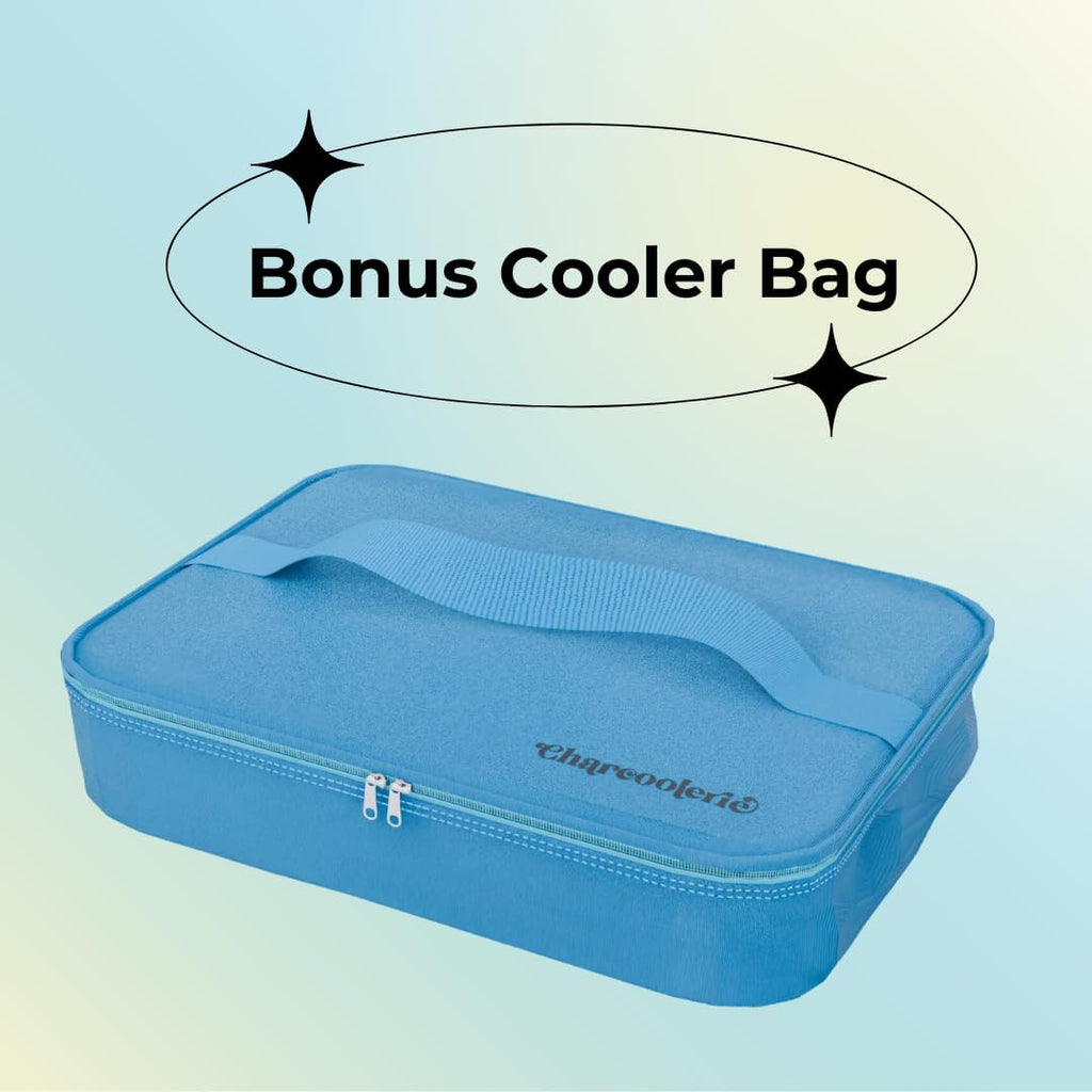 Chilled Portable Travel Charcuterie Snackle Box Container with Locking Lid, Includes Ice Pack, and Bonus Cooler Bag, Picnic Box Serving Tray