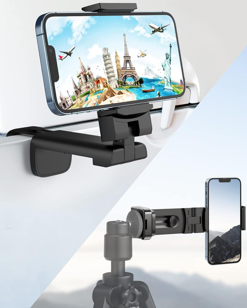 Airplane Travel Essentials Phone Holder, Universal Handsfree Phone Mount for Flying with 360 Degree Rotation, Accessory for Airplane, Travel Must Haves Phone Stand for Desk, Tray Table