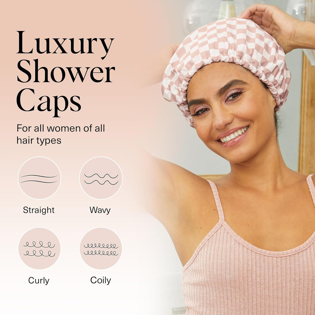 Luxury Shower Caps for Women Reusable Waterproof - Flexi Satin Lined, Large Shower Cap for Men, Non-Slip, Quick-Dry, Adjustable, Stylish Hair Cap for Long & Short Hair - Terracotta Checker
