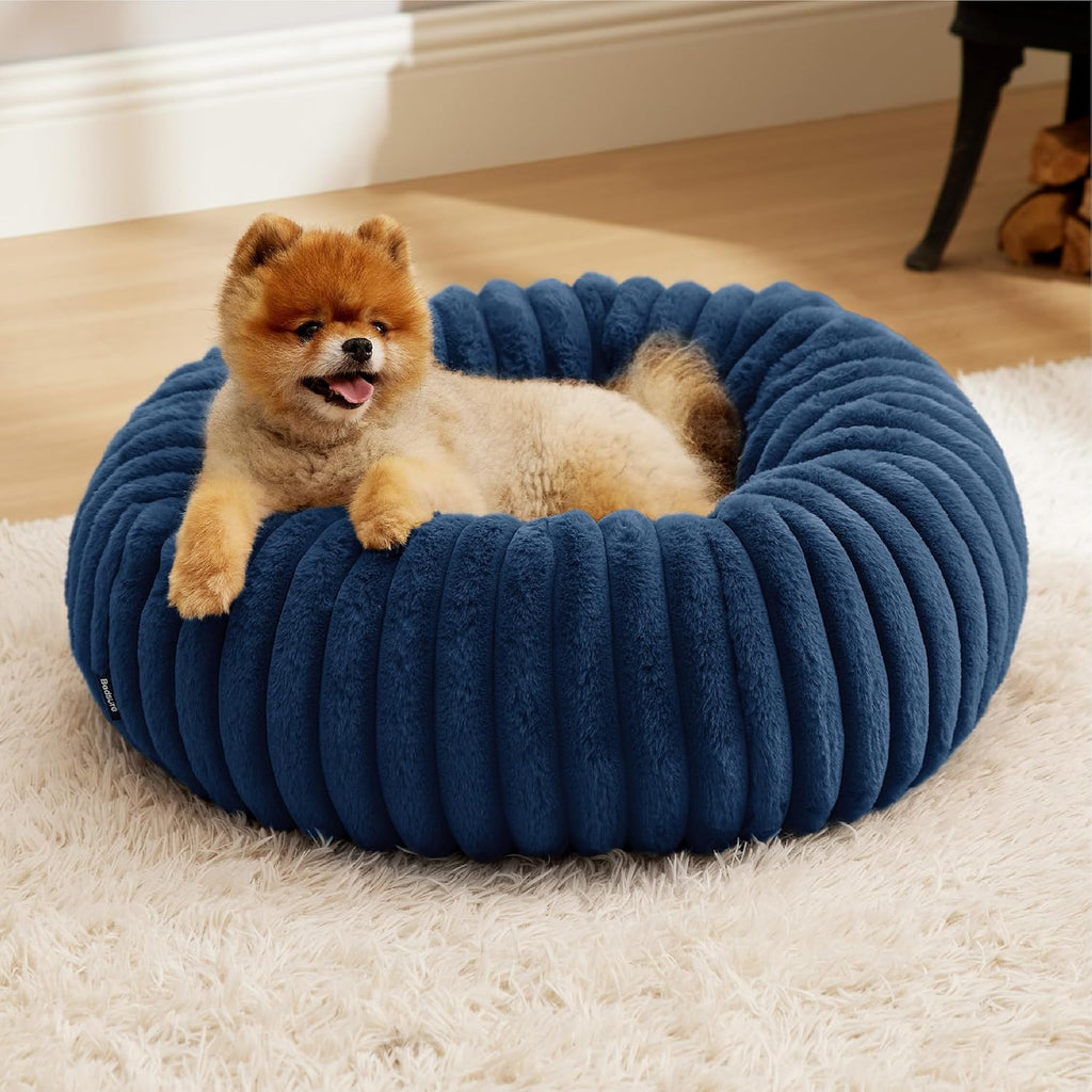 Donut Small Dog Bed - Dog Beds for Small Dogs with Corduroy Fleece & anti Slip Bottom, round Faux Fur Pet Beds with Washable Removable Cover, Cream, 27X27X8 Inches