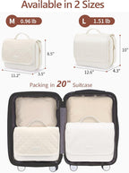 Hanging Travel Toiletry Bag for Women - Plaid Leather Travel Makeup Bag with Detachable Organizer, Waterproof Cosmetic Bag for Full-Sized Toiletries Fit Shower Bathroom Cruise, Off-White (M)