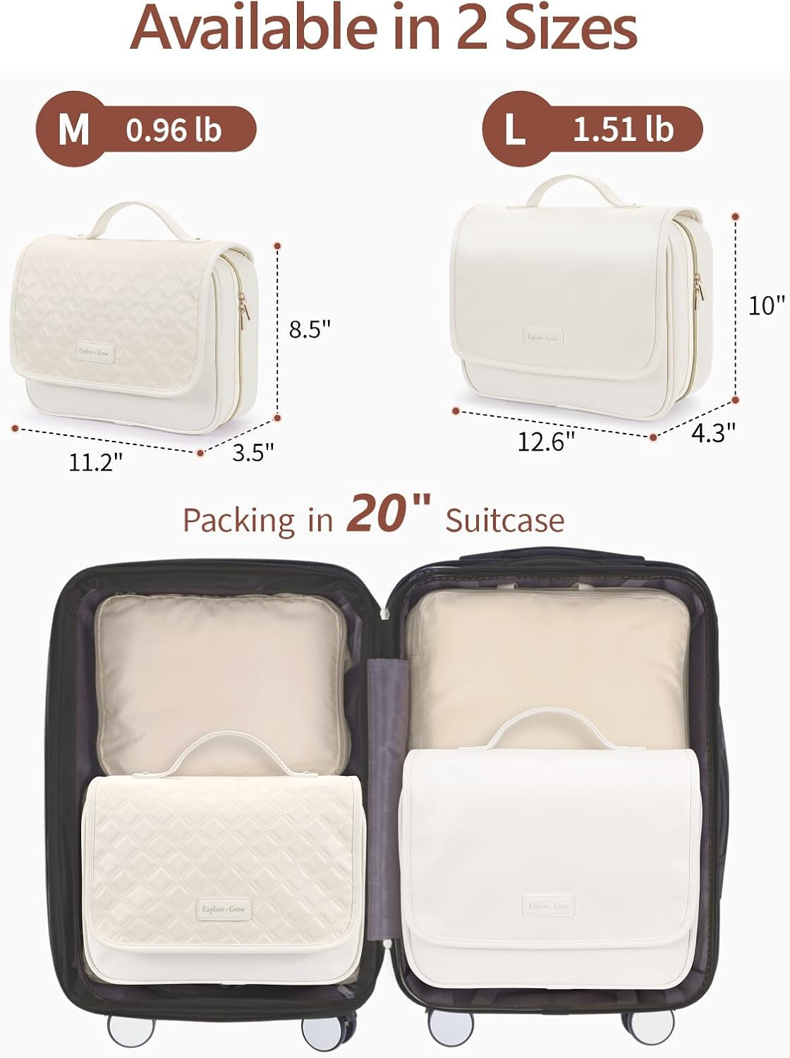 Hanging Travel Toiletry Bag for Women - Plaid Leather Travel Makeup Bag with Detachable Organizer, Waterproof Cosmetic Bag for Full-Sized Toiletries Fit Shower Bathroom Cruise, Off-White (M)