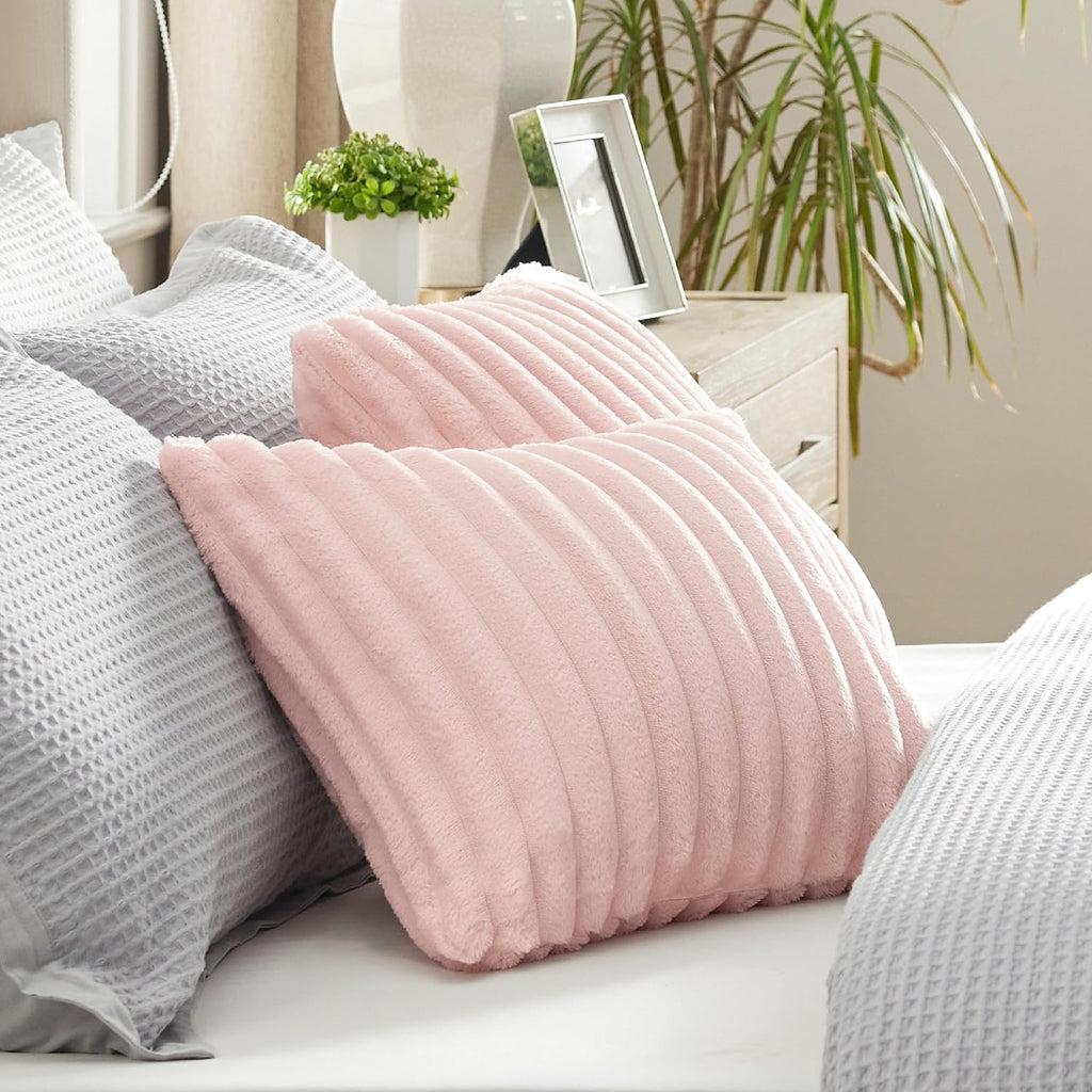White Throw Pillow Covers 18X18 Set of 2, Soft Decorative Fluffy Striped Sofa Pillow Covers, Home Decor for Living Room Couch Bed