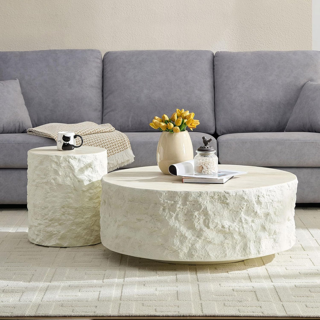 Round Coffee Table Set of 2 for Living Room Modern Drum Center Table Circle Side Tables for Apartment, No Need Assembly (Fiberglass 35.43'' &15.74'')