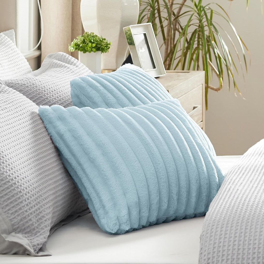 White Throw Pillow Covers 18X18 Set of 2, Soft Decorative Fluffy Striped Sofa Pillow Covers, Home Decor for Living Room Couch Bed