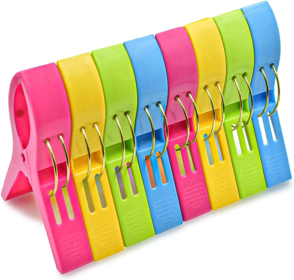 Beach Towel Clips Chair Clips Towel Holder,Plastic Clothes Pegs Hanging Clip Clamps, Yellow,Blue,Green,Red (Pack of 8)
