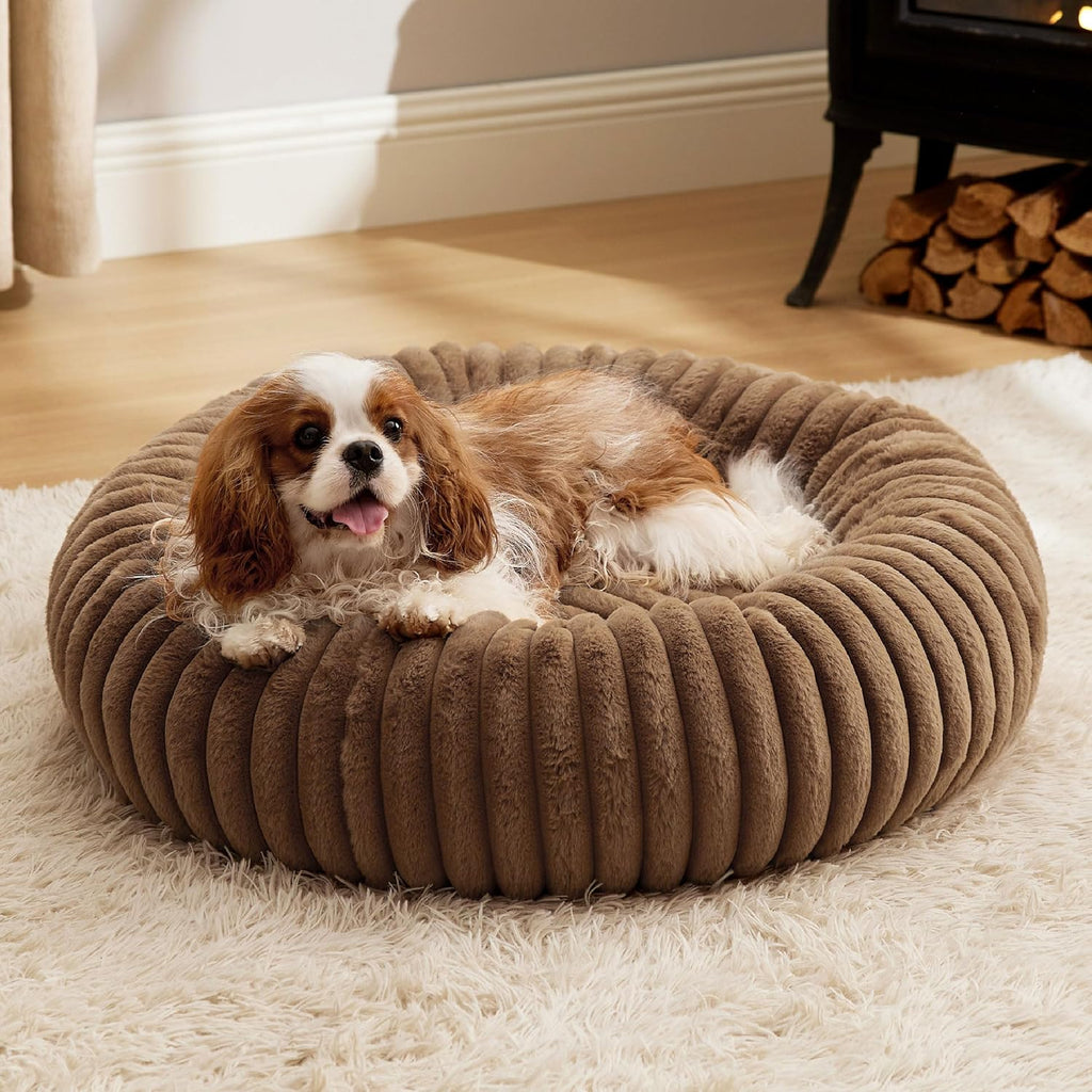 Donut Small Dog Bed - Dog Beds for Small Dogs with Corduroy Fleece & anti Slip Bottom, round Faux Fur Pet Beds with Washable Removable Cover, Cream, 27X27X8 Inches