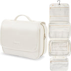 Hanging Travel Toiletry Bag for Women - Plaid Leather Travel Makeup Bag with Detachable Organizer, Waterproof Cosmetic Bag for Full-Sized Toiletries Fit Shower Bathroom Cruise, Off-White (M)