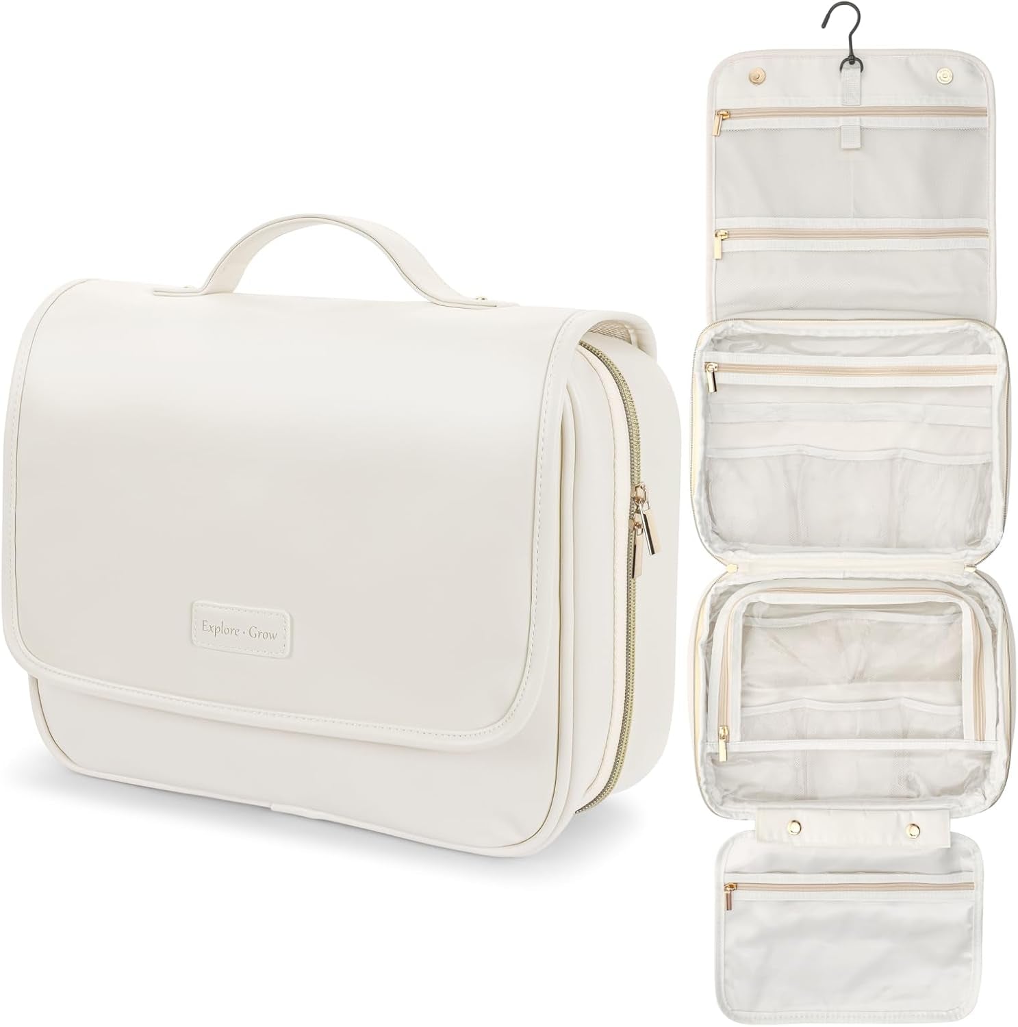 Hanging Travel Toiletry Bag for Women - Plaid Leather Travel Makeup Bag with Detachable Organizer, Waterproof Cosmetic Bag for Full-Sized Toiletries Fit Shower Bathroom Cruise, Off-White (M)