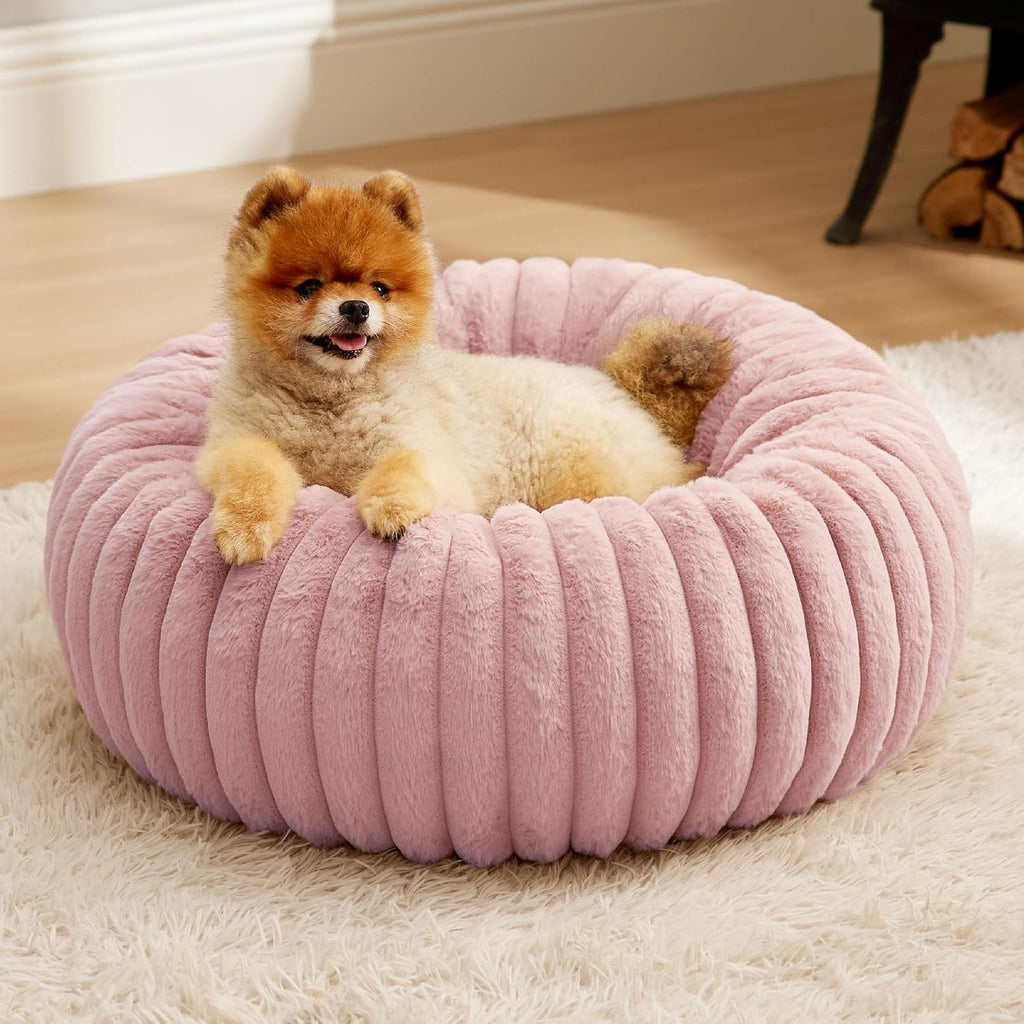 Donut Small Dog Bed - Dog Beds for Small Dogs with Corduroy Fleece & anti Slip Bottom, round Faux Fur Pet Beds with Washable Removable Cover, Cream, 27X27X8 Inches