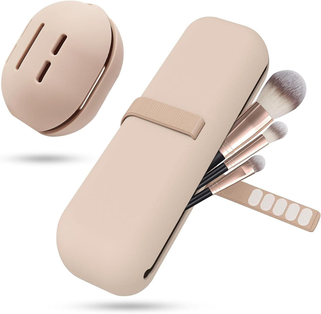 Silicone Makeup Brush Holder Travel Case - No Smell Nylon Strap Closure | Water-Resistant Brush Organizer for Travel Makeup Brushes Storage-Khaki