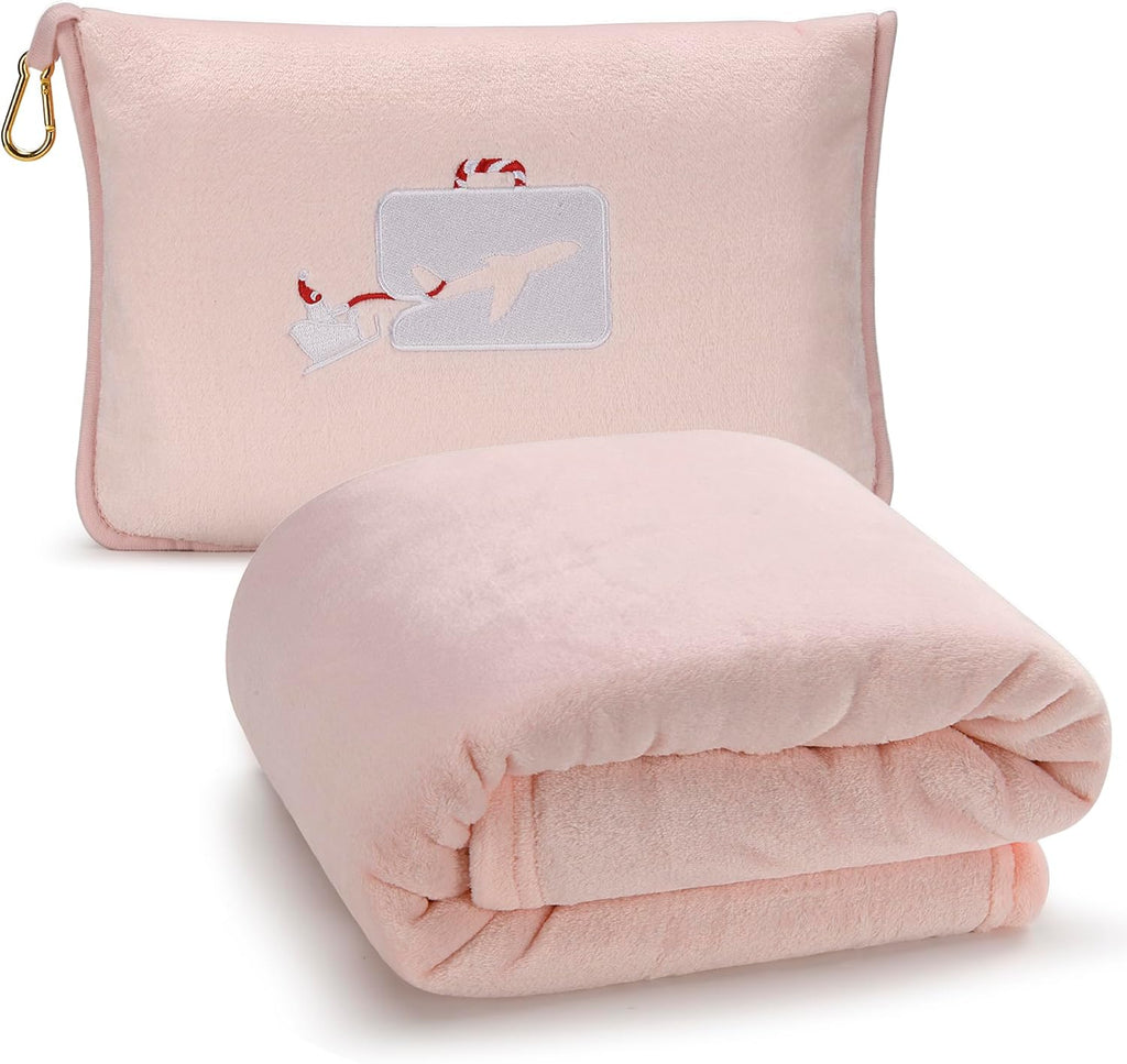 Travel Blanket and Pillow - Premium Soft 2 in 1 Airplane Blanket with Soft Bag Pillowcase, Hand Luggage Sleeve and Backpack Clip (Black)