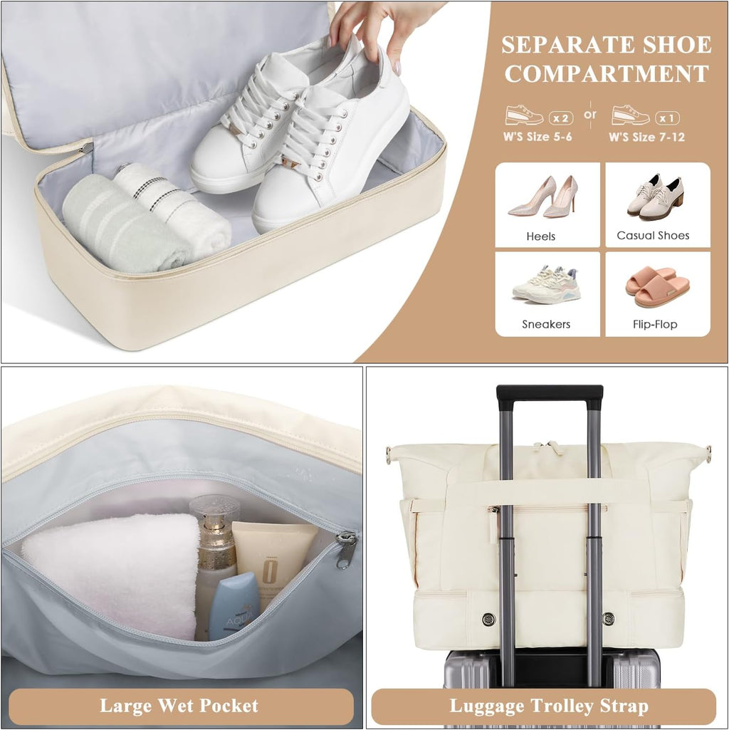 Gym Bag for Women, Personal Item Travel Bag with Shoes Compartment, Weekender Overnight Duffel Bag with Wet Pocket & USB Charging Port, Carry on Bag for Women, Travel, Gym, Weekend (Beige)