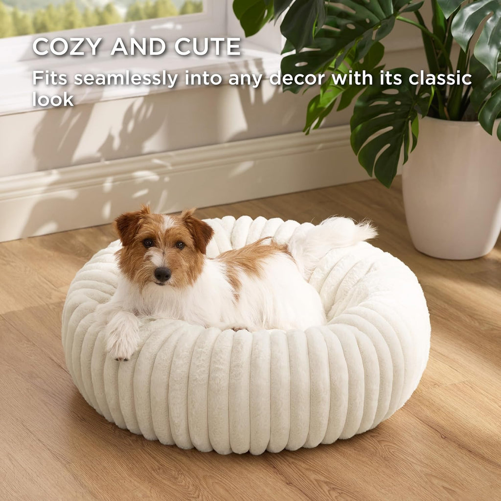 Donut Small Dog Bed - Dog Beds for Small Dogs with Corduroy Fleece & anti Slip Bottom, round Faux Fur Pet Beds with Washable Removable Cover, Cream, 27X27X8 Inches