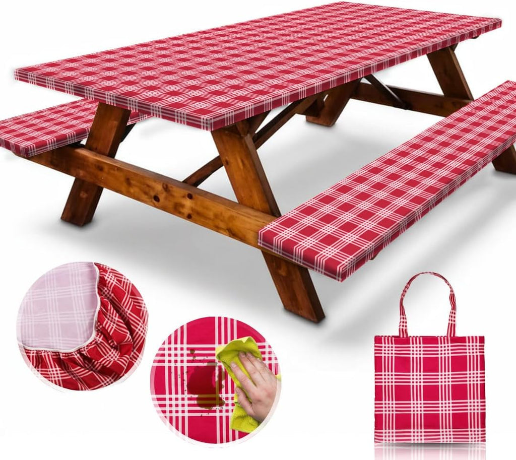 6Ft Polyester Picnic Table Cover with Bench Covers Windproof & Waterproof Tablecloth, Perfect for Camping Gifts & RV Essentials, Cool Camping Gadgets, with Carrying Bag, 72X30 Inches, 4Pcs