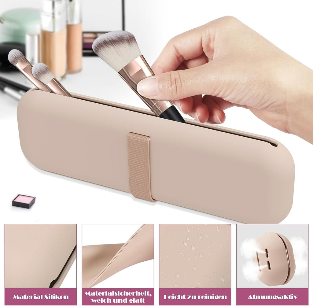 Silicone Makeup Brush Holder Travel Case - No Smell Nylon Strap Closure | Water-Resistant Brush Organizer for Travel Makeup Brushes Storage-Khaki