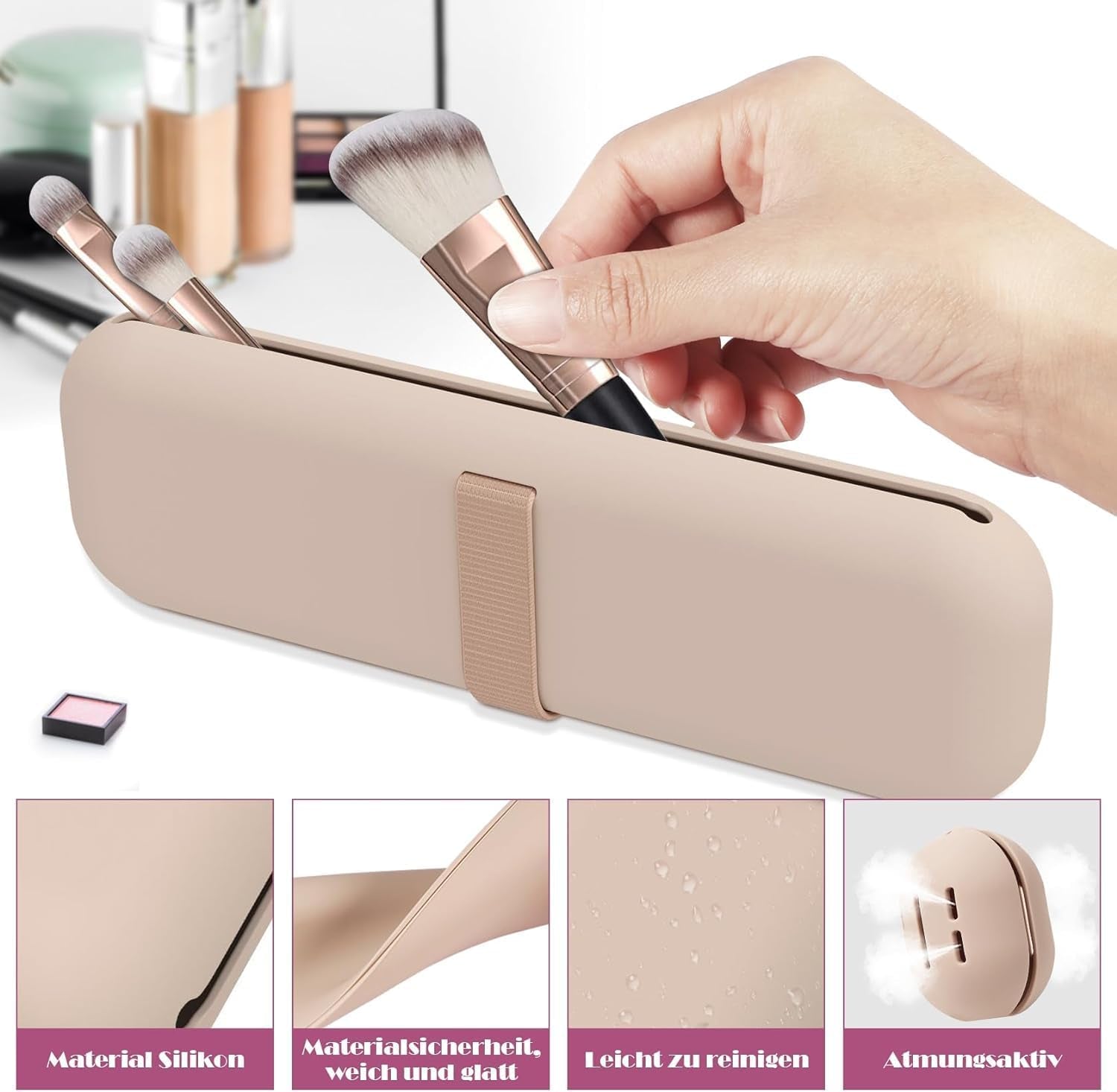 Silicone Makeup Brush Holder Travel Case - No Smell Nylon Strap Closure | Water-Resistant Brush Organizer for Travel Makeup Brushes Storage-Khaki