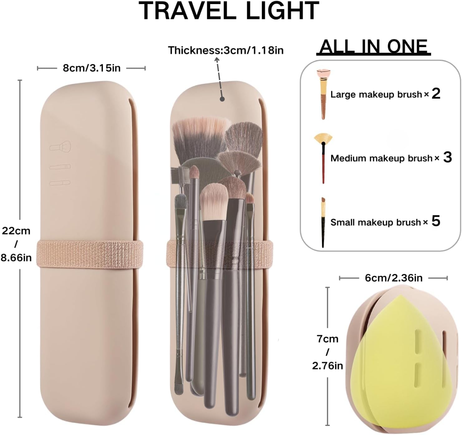 Silicone Makeup Brush Holder Travel Case - No Smell Nylon Strap Closure | Water-Resistant Brush Organizer for Travel Makeup Brushes Storage-Khaki