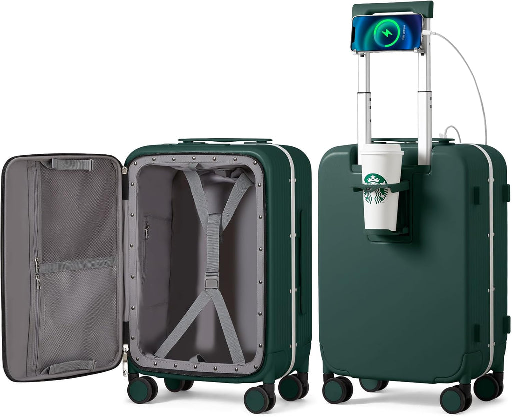 Carry on Luggage with Cup Phone Holder and Charger Hard Shell Suitcases with Spinner Wheels, 20 Inch Smoke White