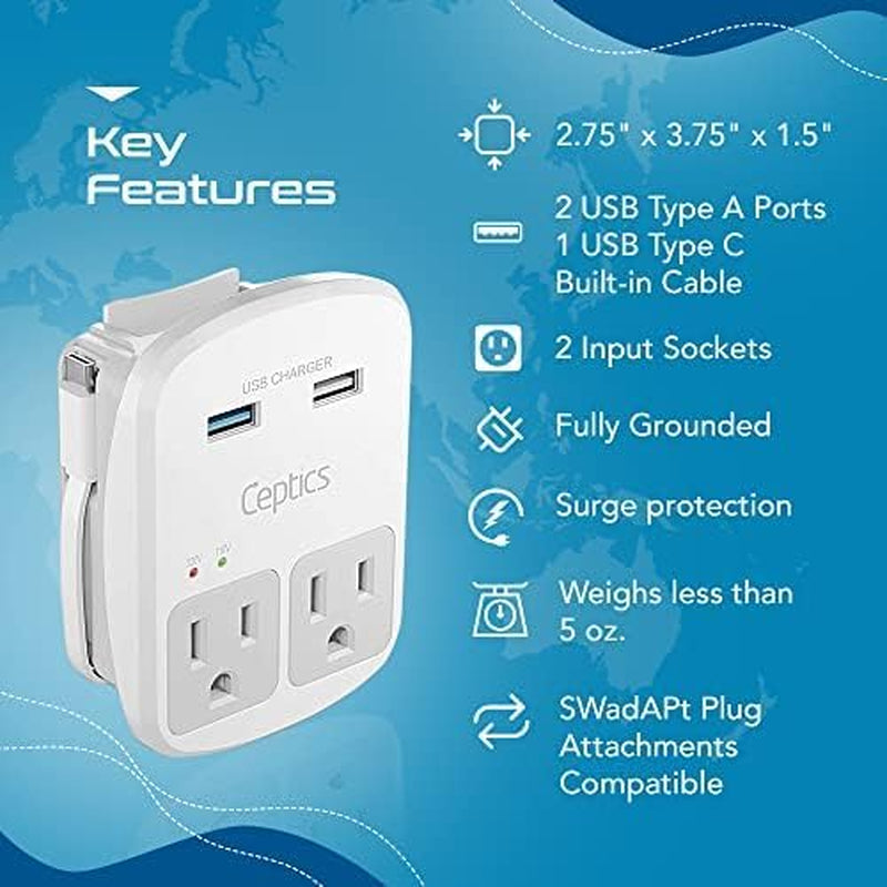 Universal Travel Adapter Kit – 2 USA Sockets, 1X USB-A & C, 1X PD 35W Type C Port and Cable, Surge Protected, Plugs for EU, UK, China, AU, Japan - Use with Laptop, Phones, Cameras - ETL Tested