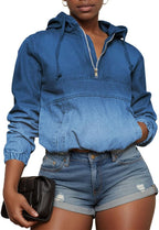 Women'S Half Zip Denim Hoodie Pullover Jackets Jean Tops