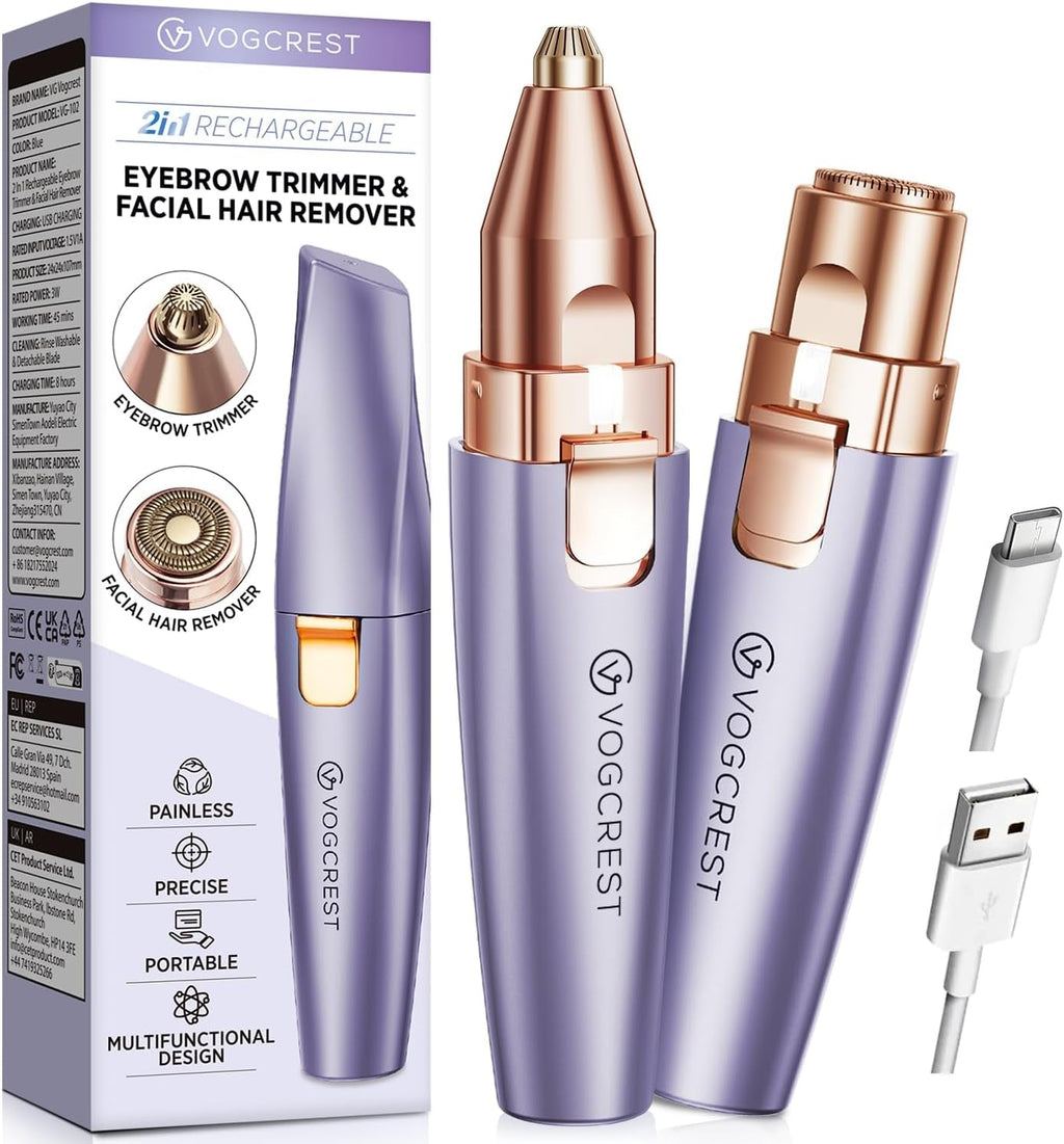 Eyebrow Facial Trimmer: 2 In1 Rechargeable Facial Hair Removal and Eyebrow Shaver - Face Lips Body Painless Facial Razor with Built-In LED Light (White)