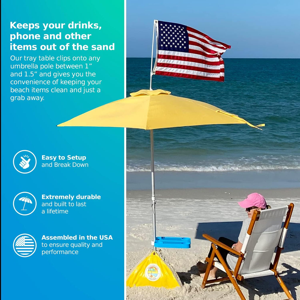 Tray Table System with 4 Cup Holders - Beach Trip Must Have for Vacation - Easy Clip on & Clip off Umbrella