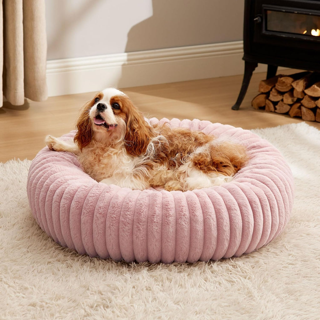 Donut Small Dog Bed - Dog Beds for Small Dogs with Corduroy Fleece & anti Slip Bottom, round Faux Fur Pet Beds with Washable Removable Cover, Cream, 27X27X8 Inches