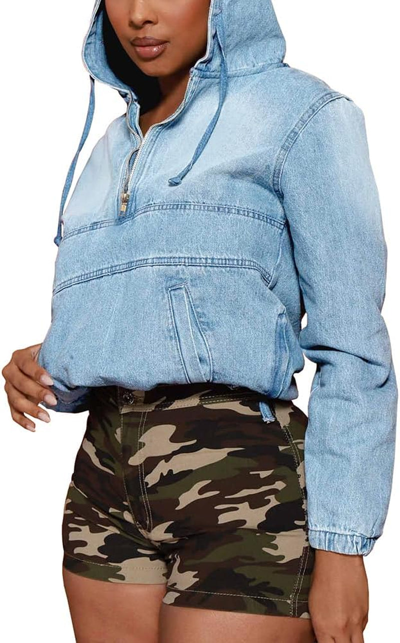 Women'S Half Zip Denim Hoodie Pullover Jackets Jean Tops