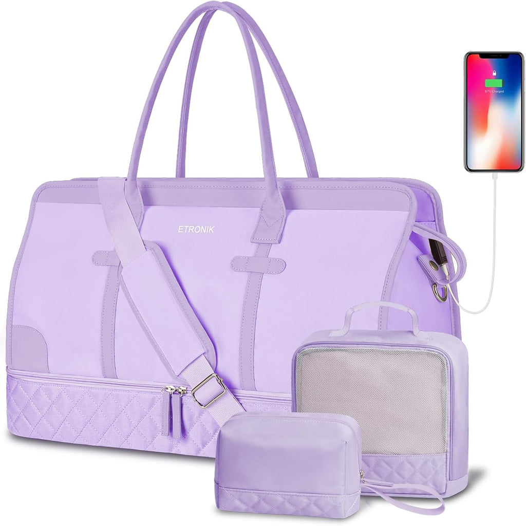 Weekender Overnight Bag for Women, Large Travel Duffle Bag with Shoe Compartment & Wet Pocket, Carry on Tote Bag Gym Duffel Bag with Toiletry Bag for Hospital 3 Pc Set, Large Size, Off-White