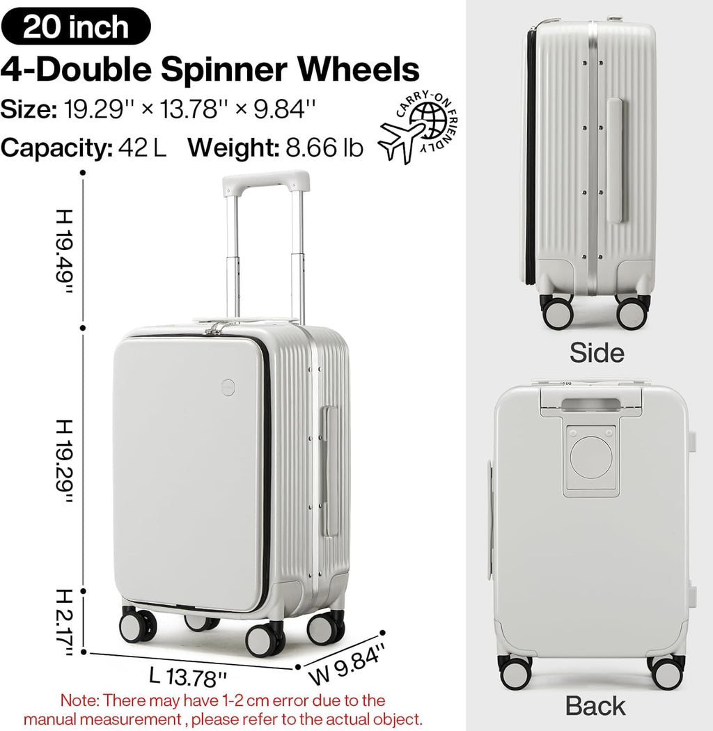 Carry on Luggage with Cup Phone Holder and Charger Hard Shell Suitcases with Spinner Wheels, 20 Inch Smoke White