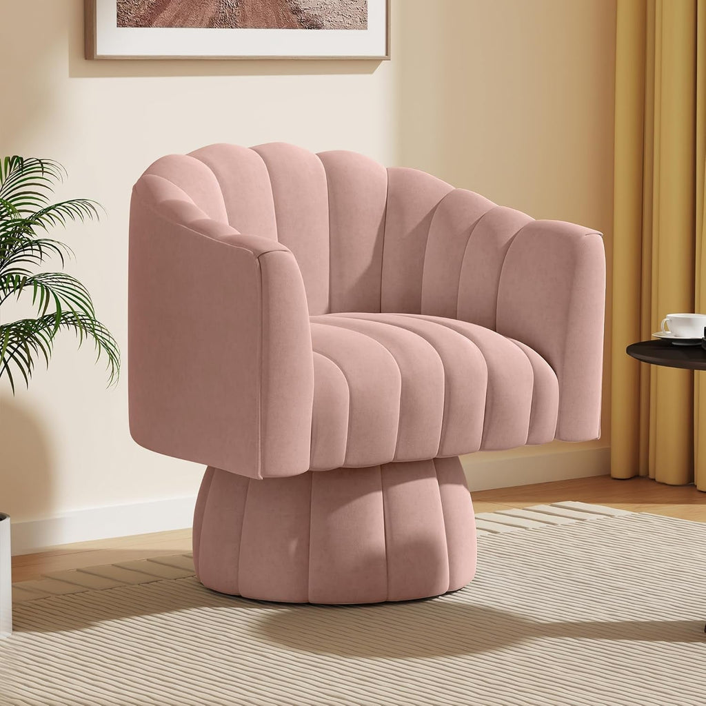 Accent Chair Mid Century 360 Degree Swivel Chair,Modern Lounge Sofa round Barrel Chair with Wide Upholstered,Fluffy Velvet Fabric Chairs for Home Sofa Living Room/Bedroom/Waiting Room (Beige)
