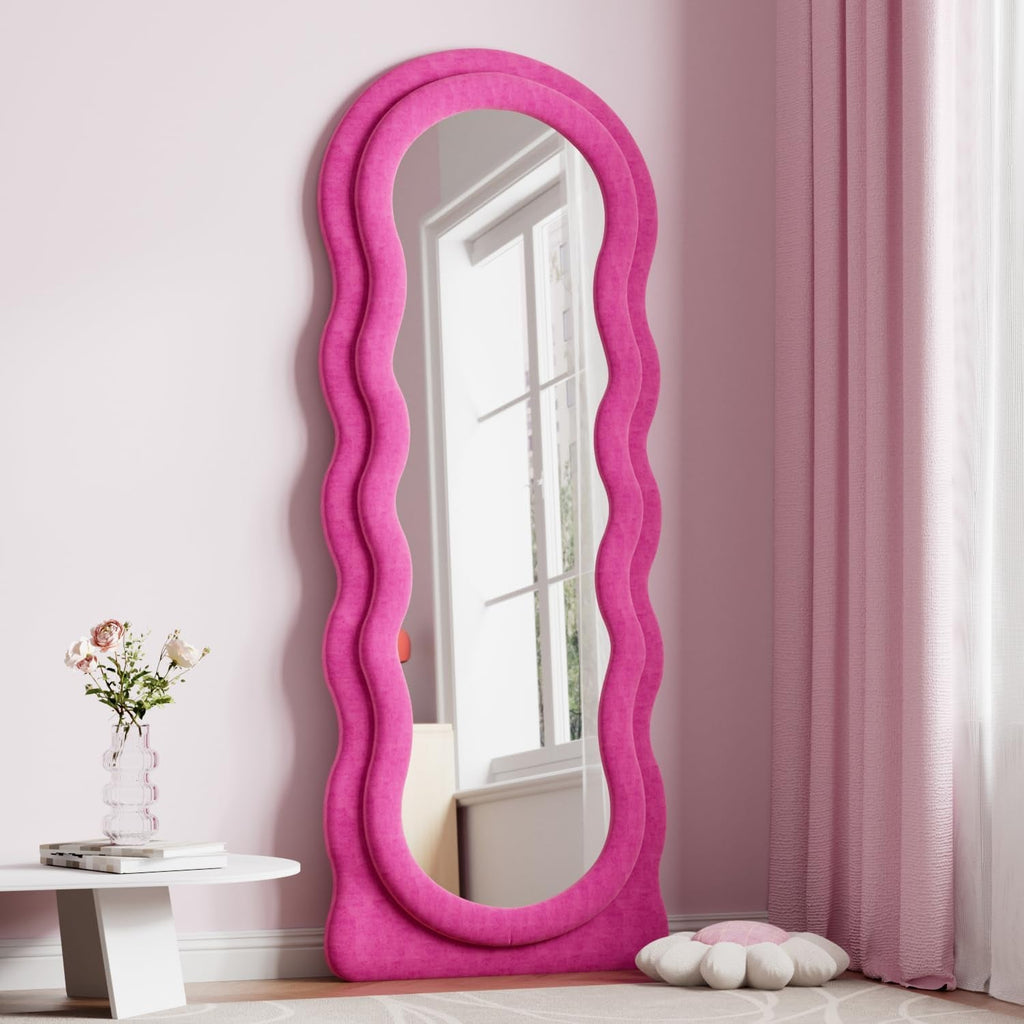 Full Length Mirror, 63" X 24"Irregular Wavy Mirror, Large Floor Length Mirrors Wall Mounted, Standing Wavy Mirrors with Flannel Wrapped Wooden Frame for Bedroom/Living Room, White