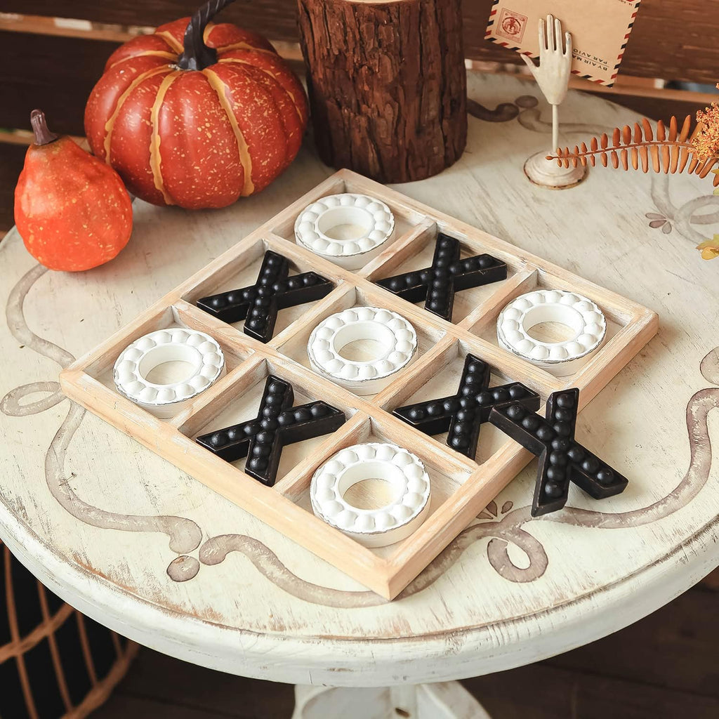 Tic Tac Toe Game Coffee Table Decor, 10.6 Inch Rustic Wooden Board, Black & White