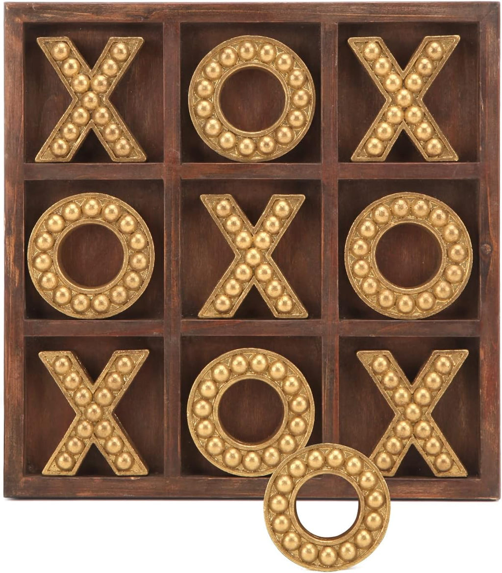 Tic Tac Toe Game Coffee Table Decor, 10.6 Inch Rustic Wooden Board, Black & White