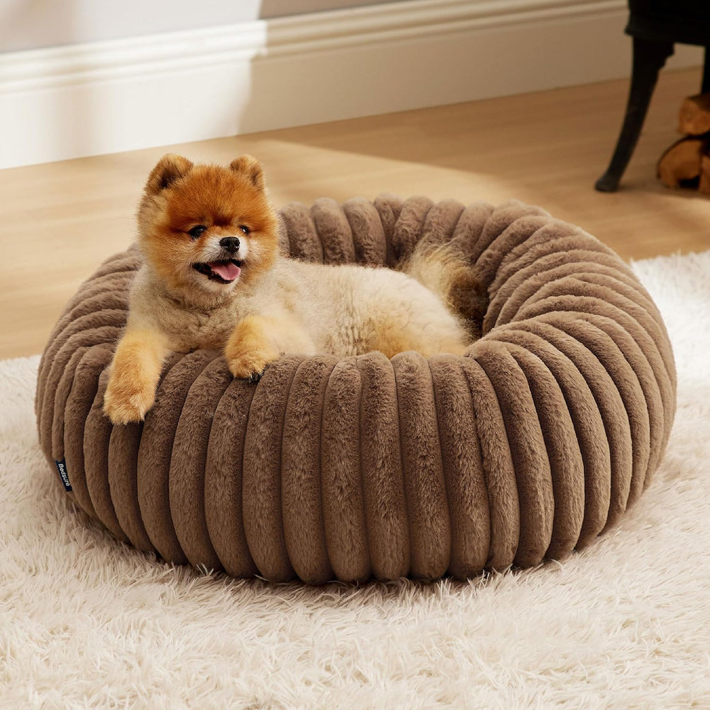 Donut Small Dog Bed - Dog Beds for Small Dogs with Corduroy Fleece & anti Slip Bottom, round Faux Fur Pet Beds with Washable Removable Cover, Cream, 27X27X8 Inches