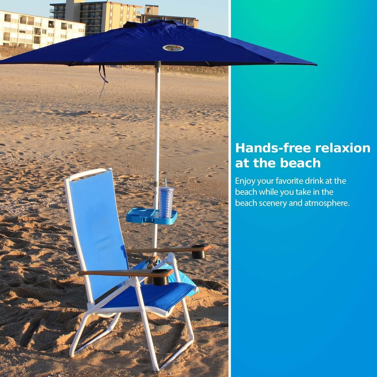 Tray Table System with 4 Cup Holders - Beach Trip Must Have for Vacation - Easy Clip on & Clip off Umbrella